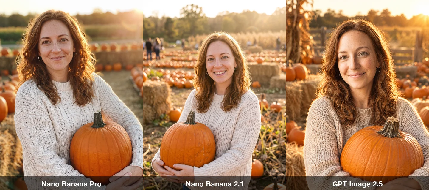 The pumpkin patch prompt on three models: the woman in a cream knit sweater holding a large pumpkin in a field at golden hour