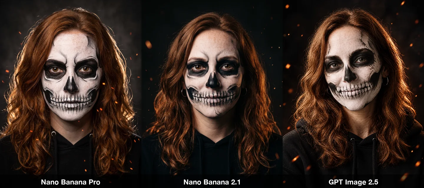 The skeleton face paint prompt on three models: close-up portraits of the woman with black-and-white skull makeup and a black hoodie