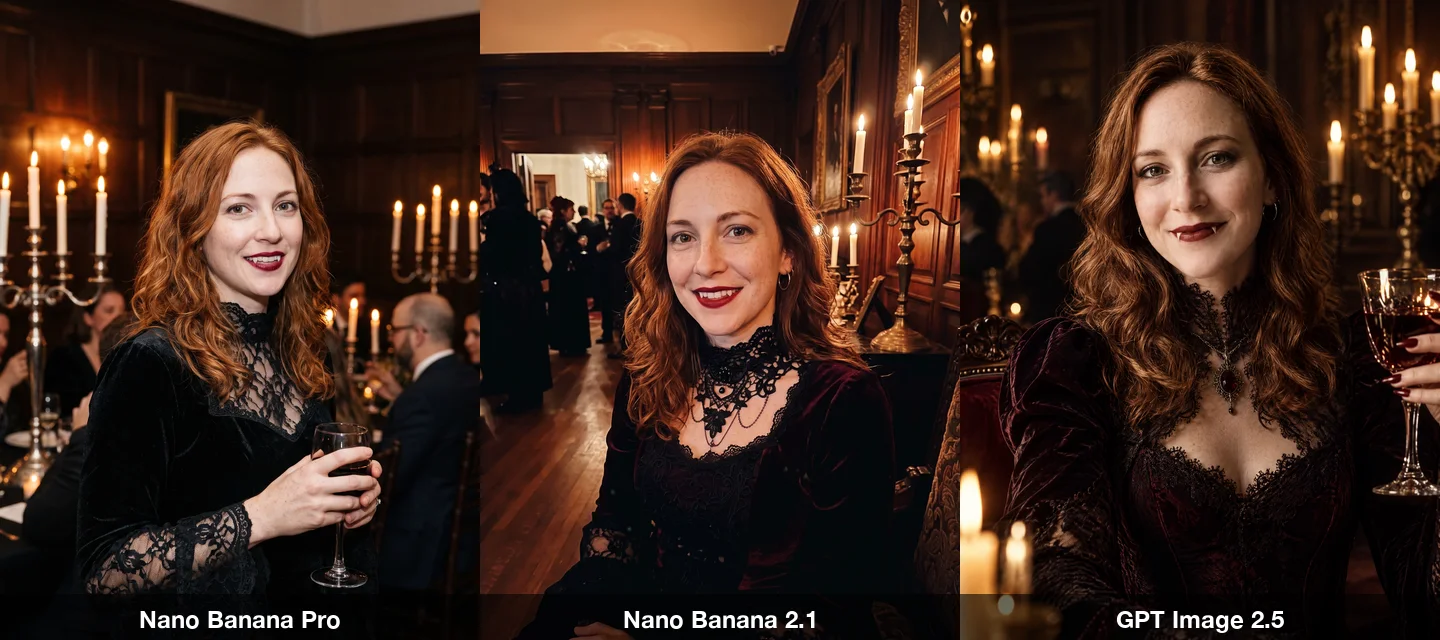 The gothic vampire prompt on three models: the woman in dark velvet and lace with red lips and small fangs in a candlelit wood-paneled room