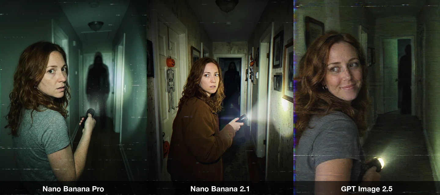 The VHS found footage prompt on three models: the woman in a dim hallway with a flashlight, a shadowy figure in a doorway behind her