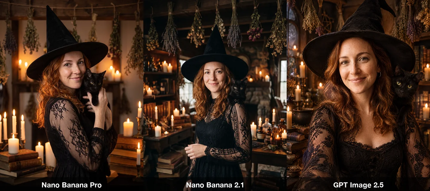 The classic witch prompt on three models: the woman in a tall black hat and lace dress with a black cat in a candlelit cottage room