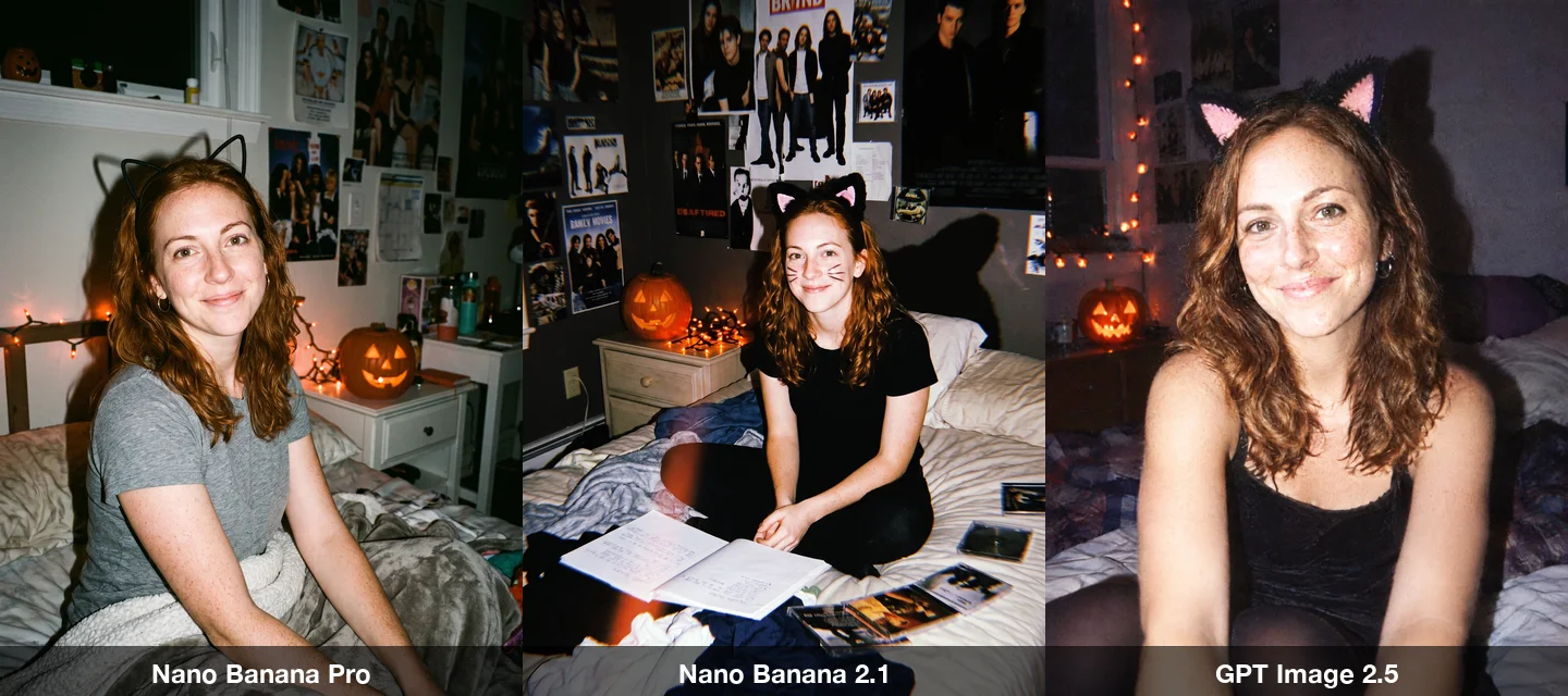The Y2K flash photo prompt on Nano Banana Pro, Nano Banana 2.1 and GPT Image 2.5: the same woman with cat ears on a bed in a dark bedroom lit by harsh flash