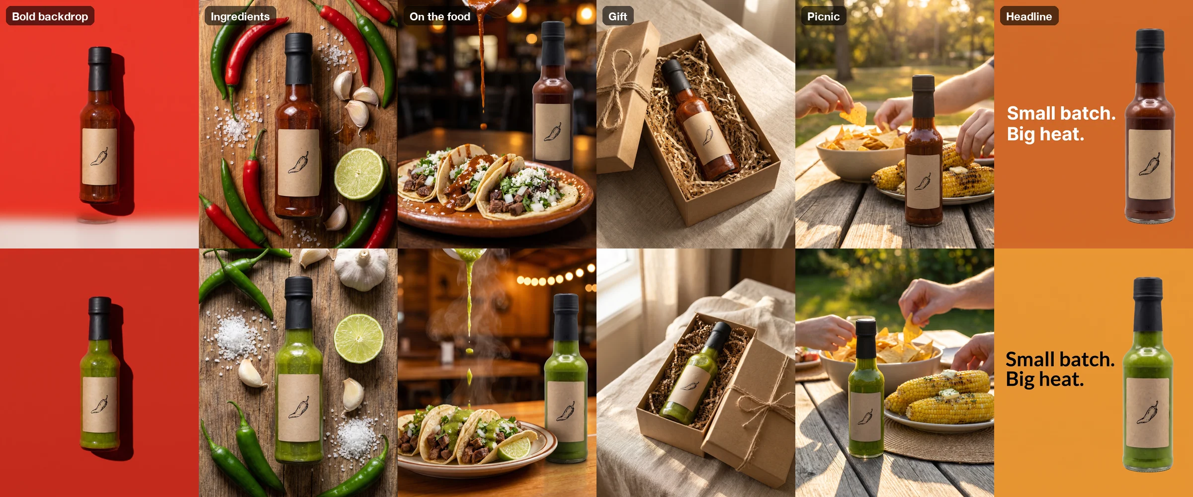 Twelve hot sauce ads in a grid, red flavor on top and green below, across six concepts: bold red backdrop, ingredients on a wooden board, sauce drizzled on tacos, kraft gift box, picnic table with hands, and an orange layout with the headline Small batch. Big heat.