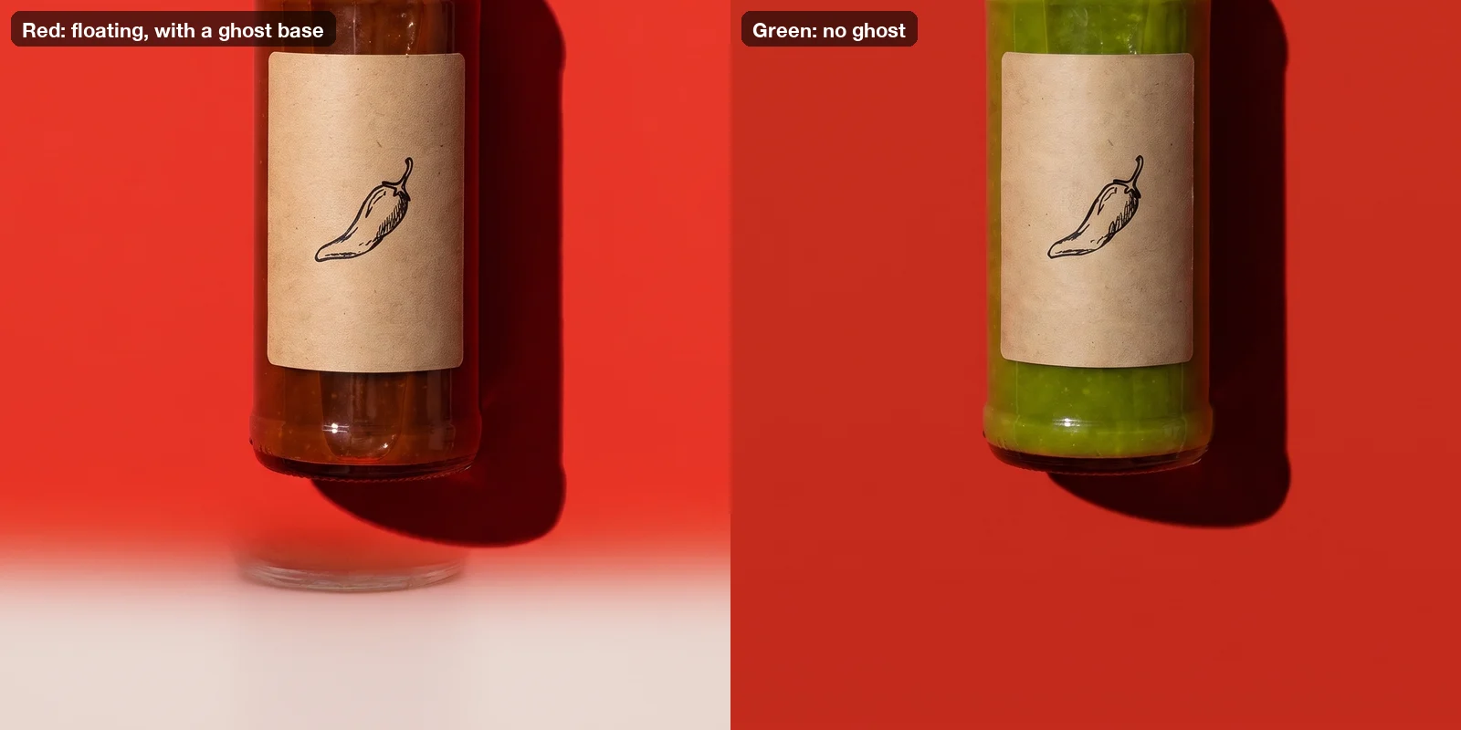 Close-up crops of the bold backdrop concept: the red bottle floats above a white floor with a faint ghost of a second bottle base below it, while the green bottle has no such artifact