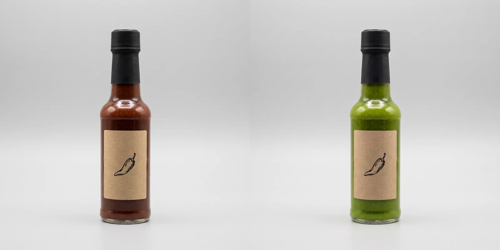Two reference photos of the same hot sauce bottle with a kraft chili label: one with smoky red sauce, one with bright green sauce