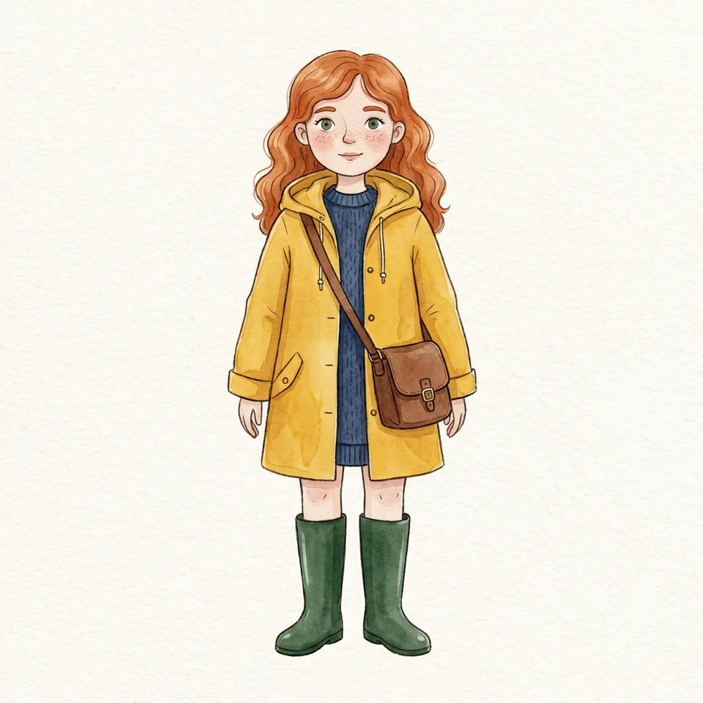 Mara's reference image: a full-body watercolour of a red-haired young woman in a mustard-yellow raincoat, navy sweater, brown leather satchel and green rubber boots on a plain background