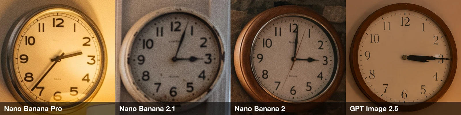 Close-ups of the four wall clocks: Pro reads about 2:35, 2.1 about 3:05, Nano Banana 2 3:00 and GPT Image 2.5 3:15