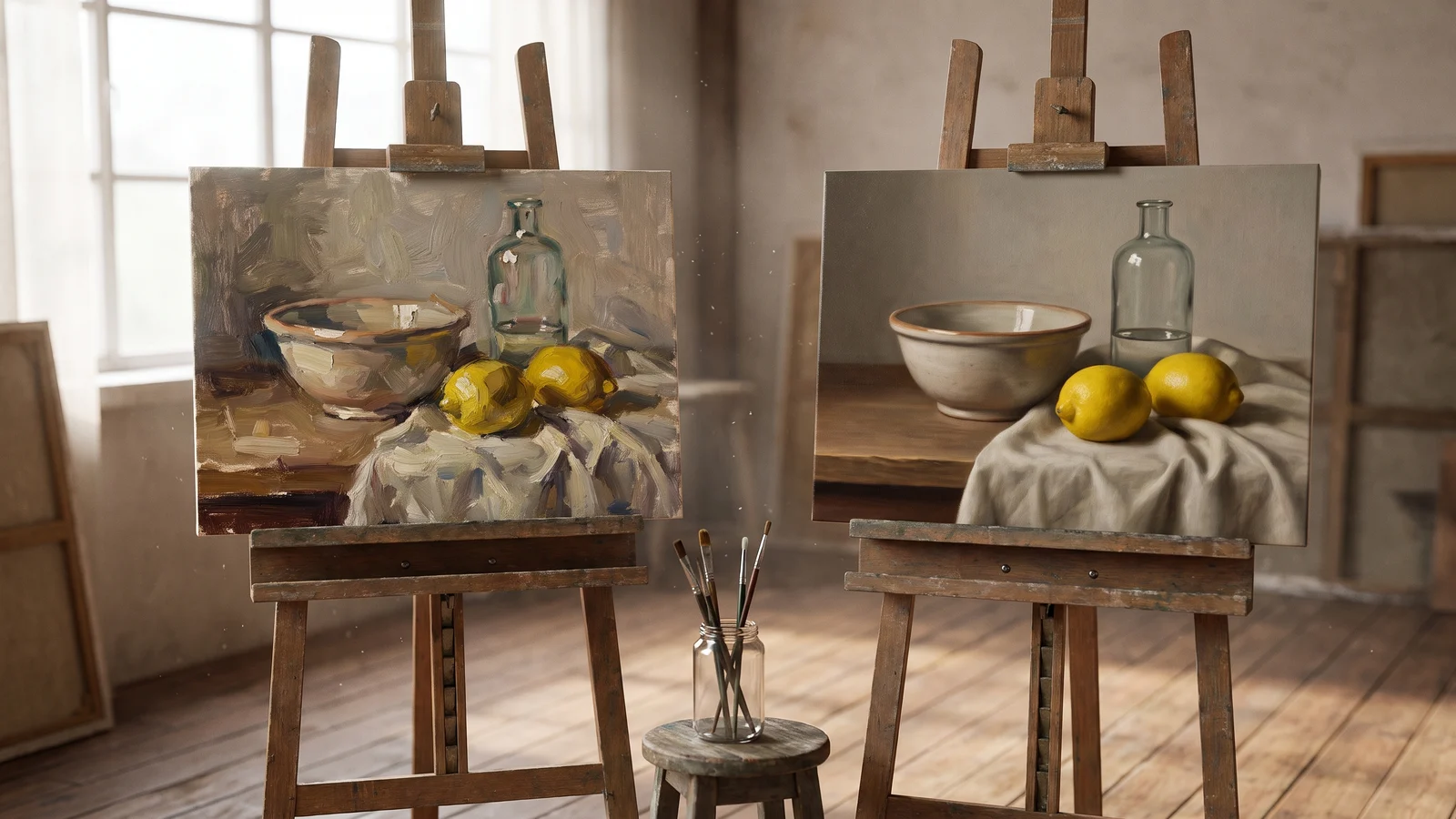 Two easels in a sunlit studio holding the same still life of a bowl, two lemons and a glass bottle, one painted loosely and one in fine detail