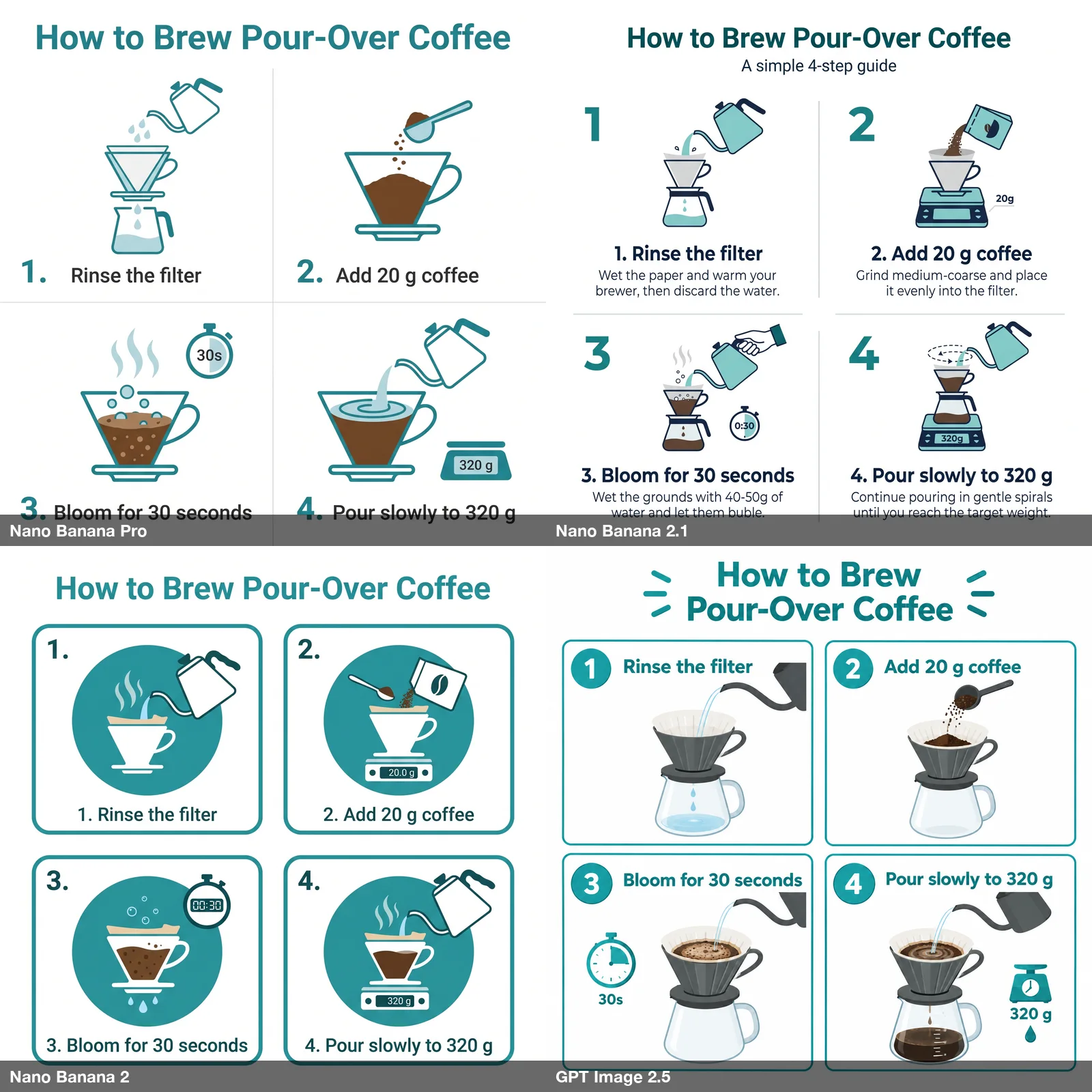 Four pour-over coffee infographics with four numbered steps each, one per model