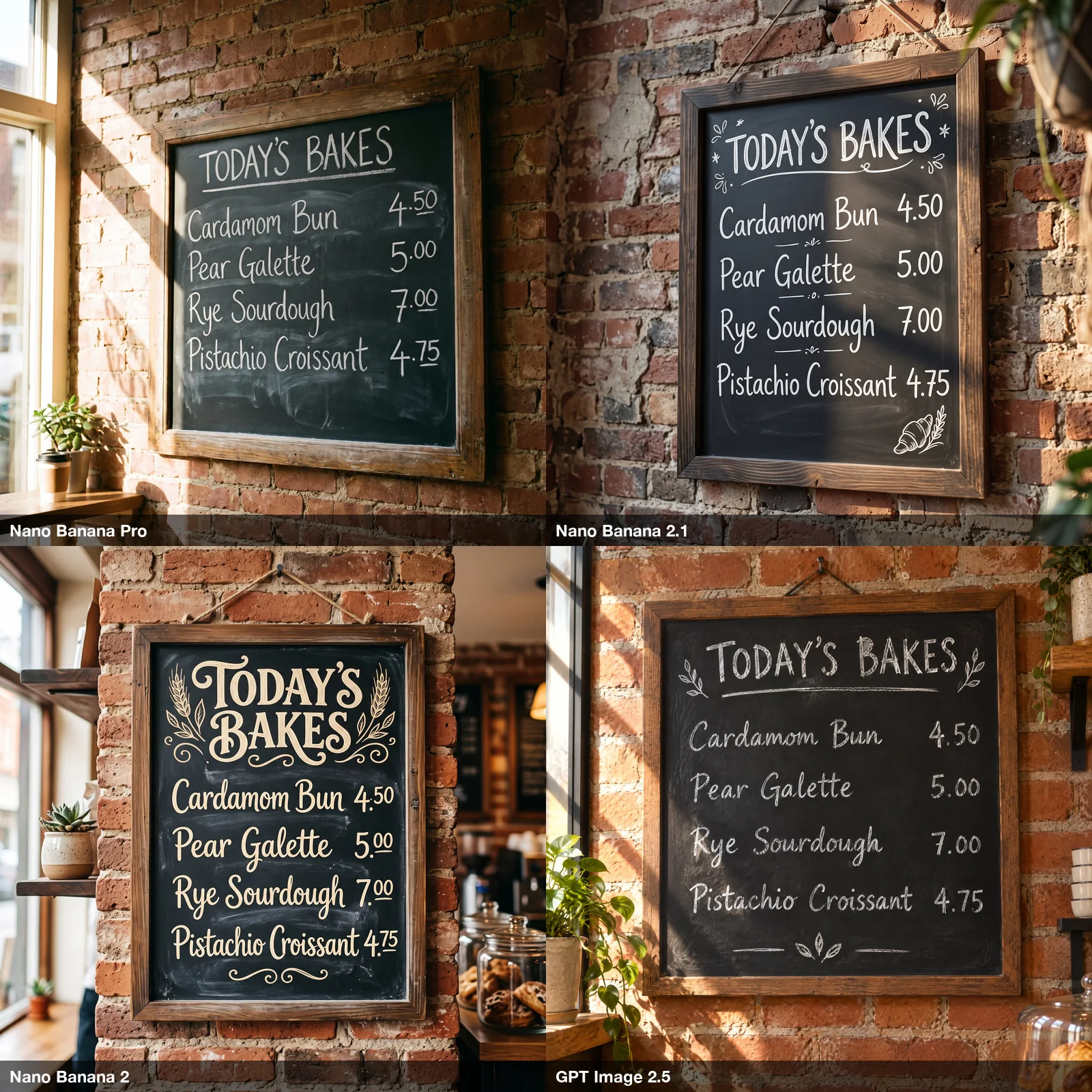 Four chalkboard menus titled TODAY'S BAKES with four pastries and prices, one per model