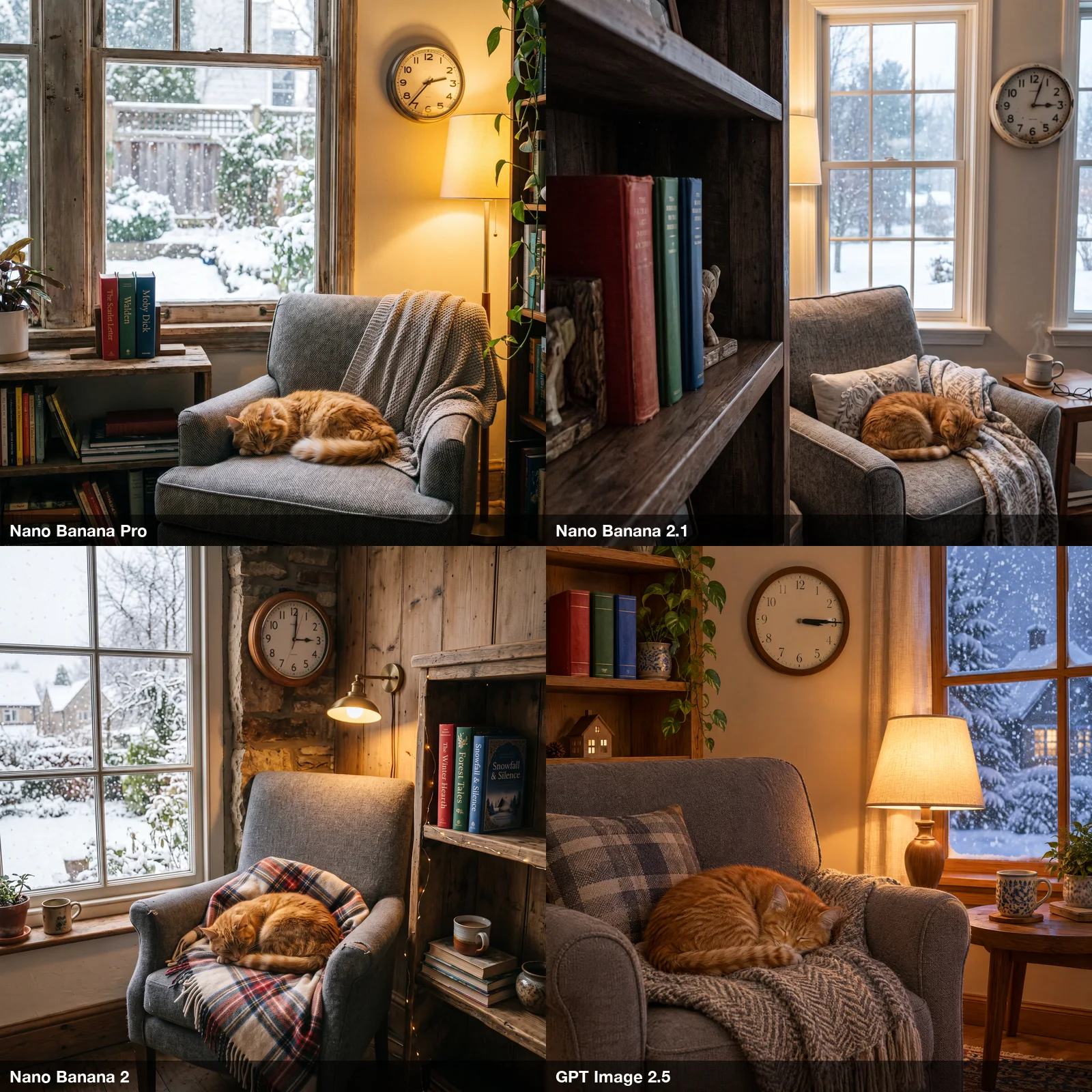 Four cozy reading nooks with an orange cat on a gray armchair, a snowy window and a wall clock, one per model