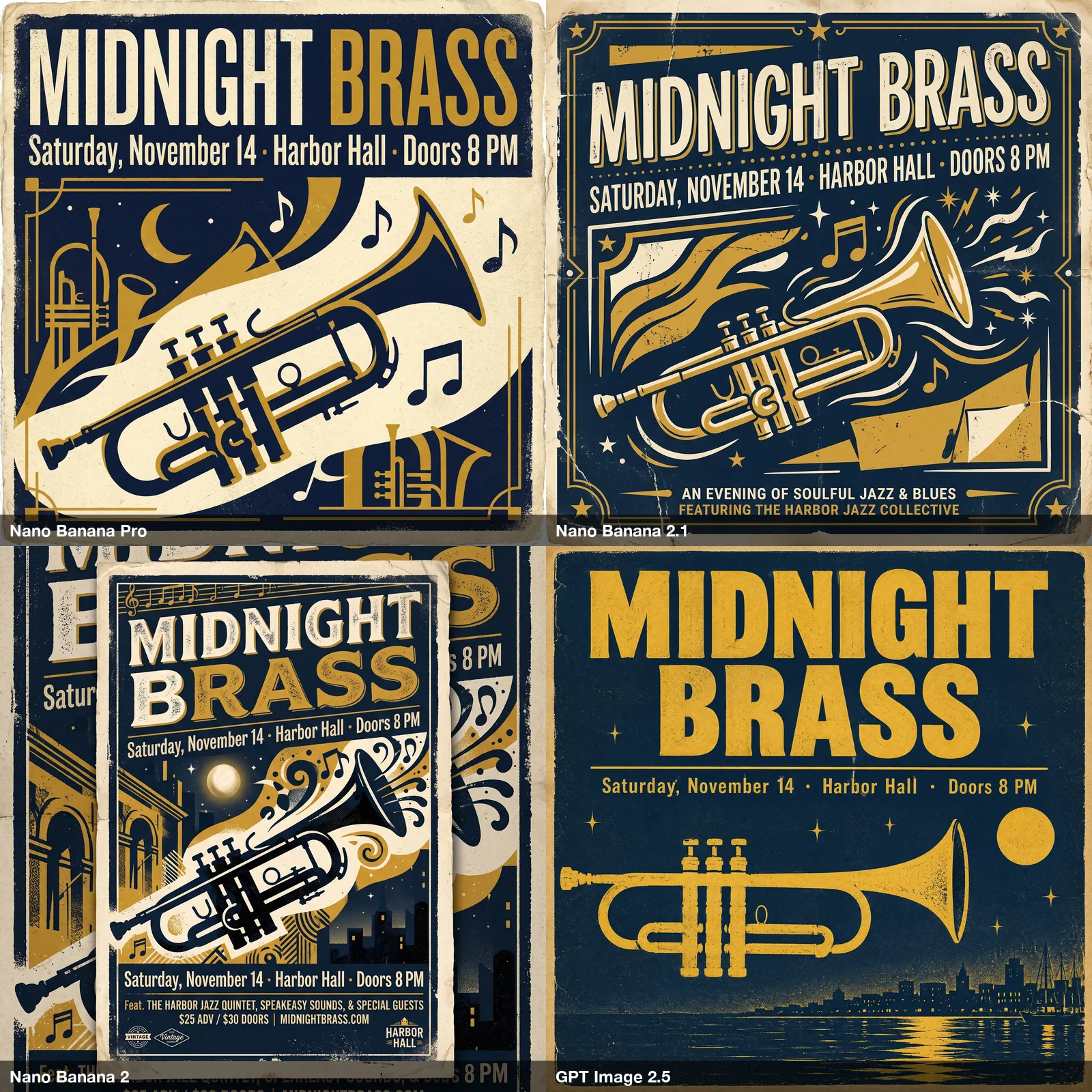 Four versions of a navy and mustard jazz poster reading MIDNIGHT BRASS, one per model, in a two by two grid