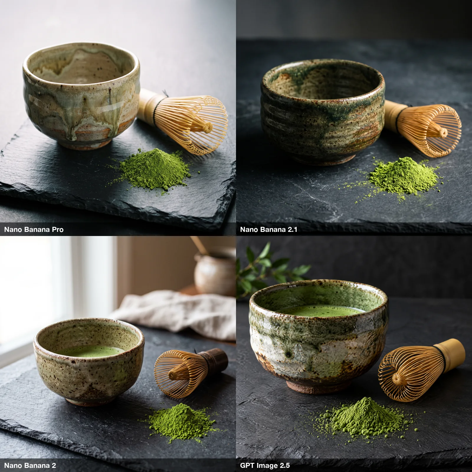 Four product photos of a ceramic matcha bowl, bamboo whisk and green powder on dark slate, one per model