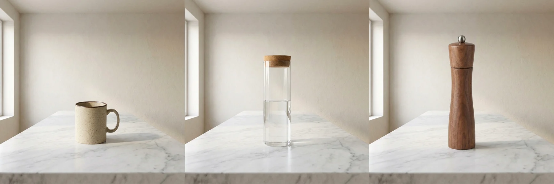 The same mug, carafe and pepper mill, each placed on the identical marble counter from the background plate