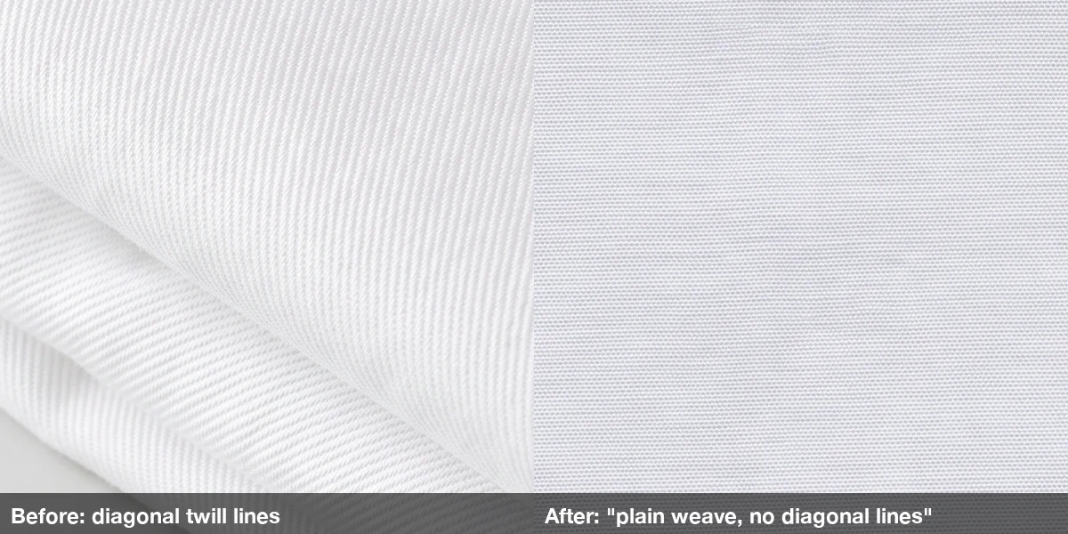 Close-up of two white poplin swatches: before, diagonal twill lines; after the fix, a flat plain weave with fine crosswise ribs