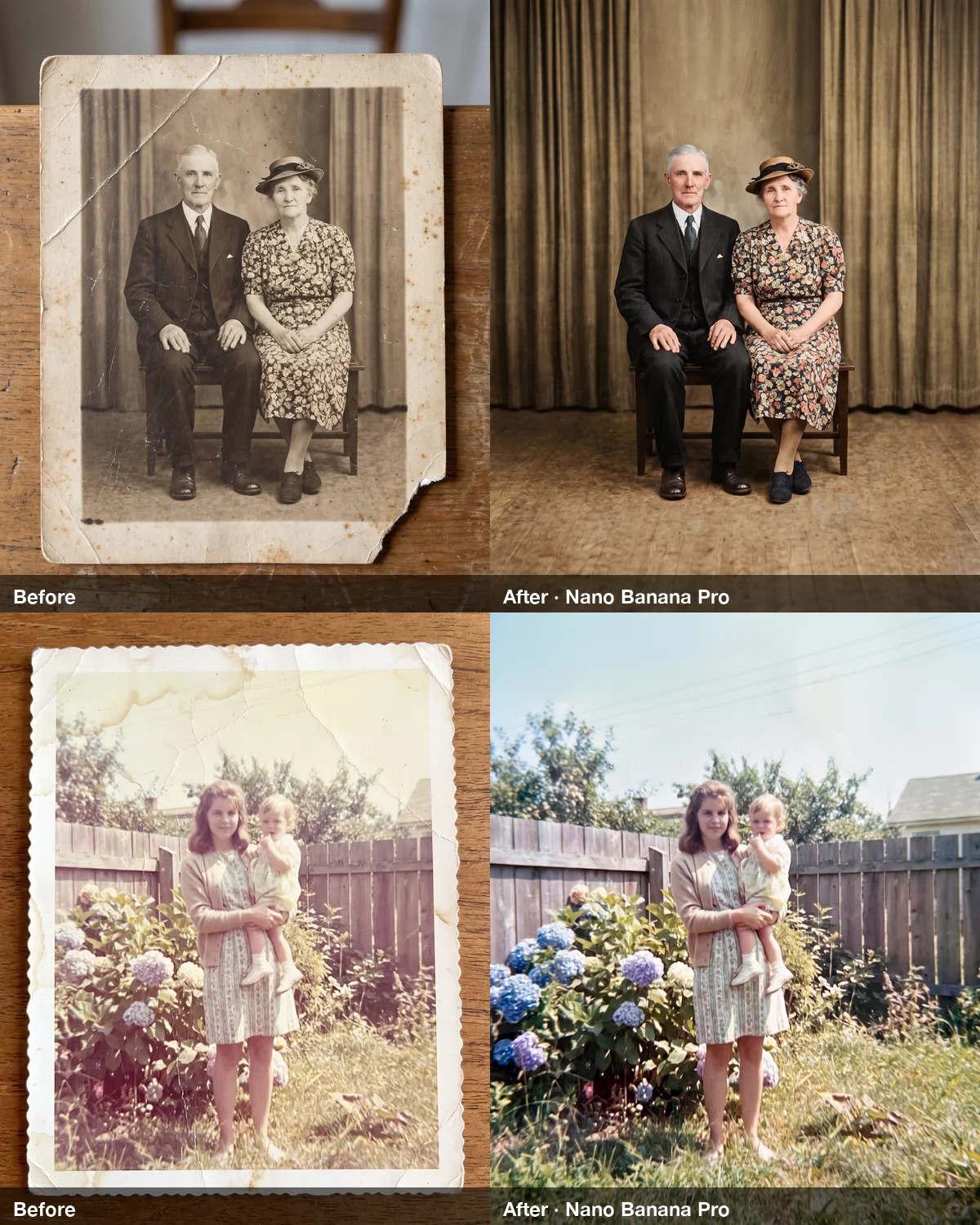 Two damaged old photos, a creased 1940s couple portrait and a faded 1960s snapshot, each next to its restored and colorized version