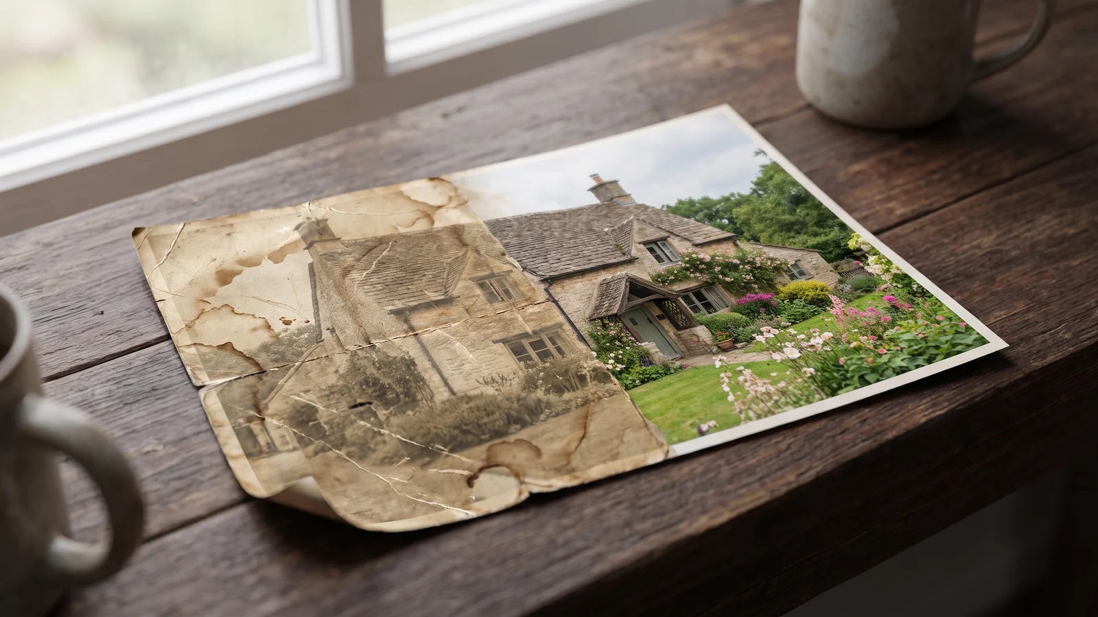 A vintage photo of a stone cottage on a wooden table, its left half yellowed and torn, its right half restored in full color
