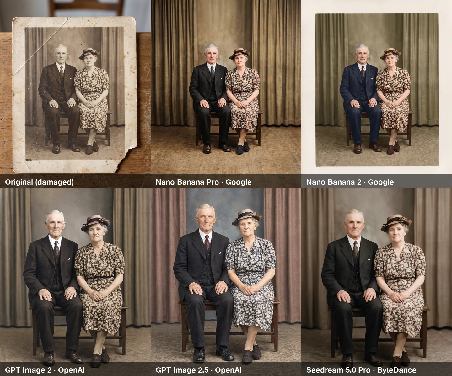 Six panels: the damaged 1940s couple portrait and the restored versions from Nano Banana Pro, Nano Banana 2, GPT Image 2, GPT Image 2.5 and Seedream 5.0 Pro