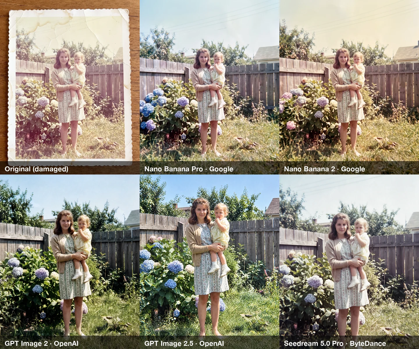 Six panels: the faded 1960s snapshot of a mother and toddler and the restored versions from the five models