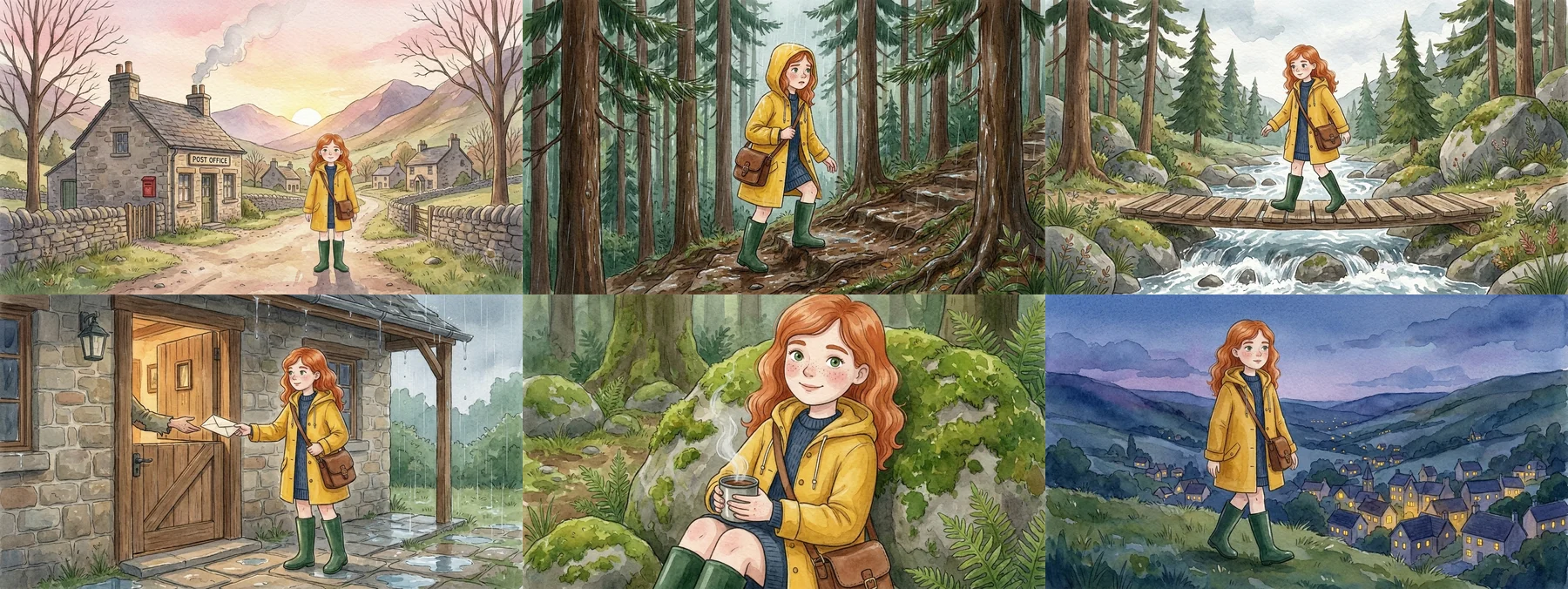Six watercolour scenes of the same red-haired postwoman: leaving the village at dawn, climbing a forest path in rain, crossing a footbridge, delivering a letter at a farmhouse door, resting on a rock, walking home at dusk