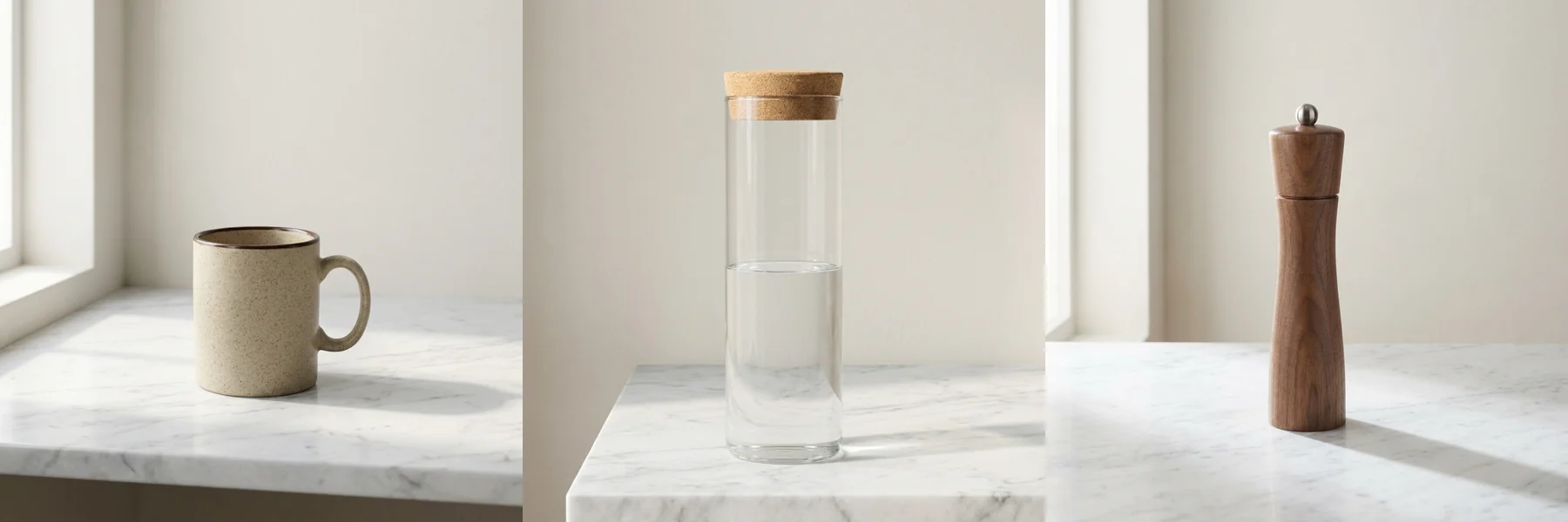 A stoneware mug, a glass carafe and a wooden pepper mill, each on a white marble counter in front of a plaster wall, rendered from one scene spec
