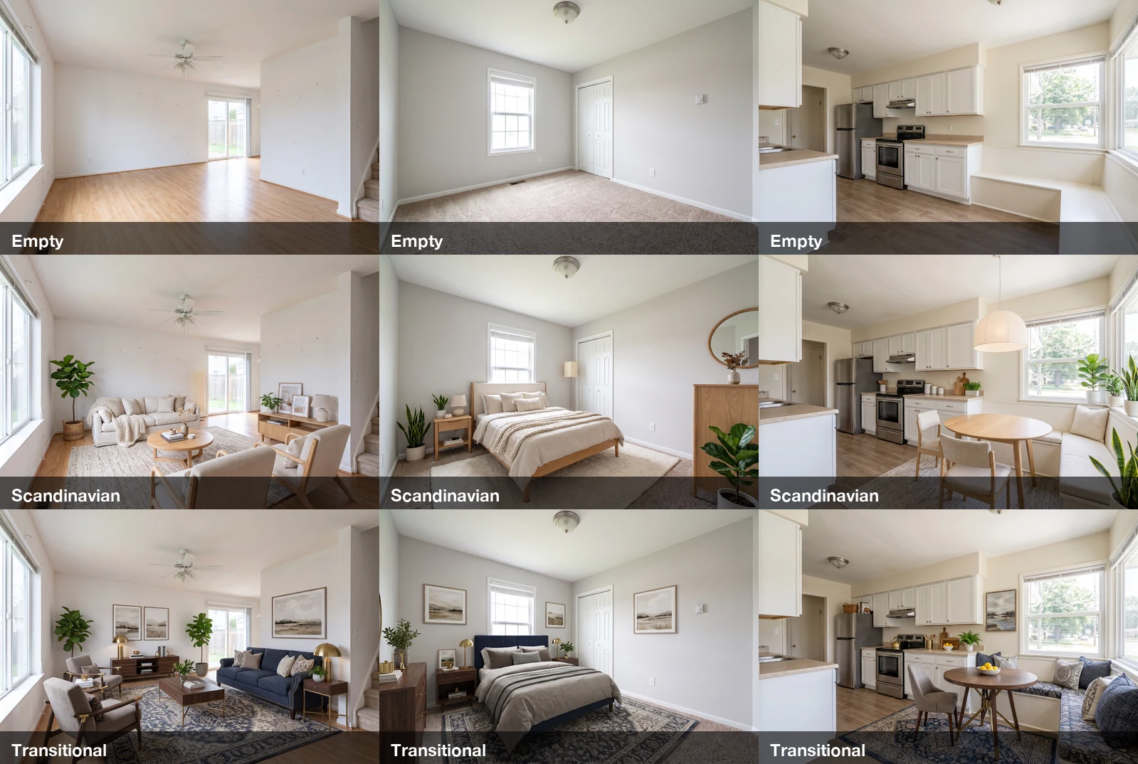 A three-by-three grid: an empty living room, bedroom and kitchen in the top row, the same three rooms staged in Scandinavian style in the middle row, and in transitional style in the bottom row