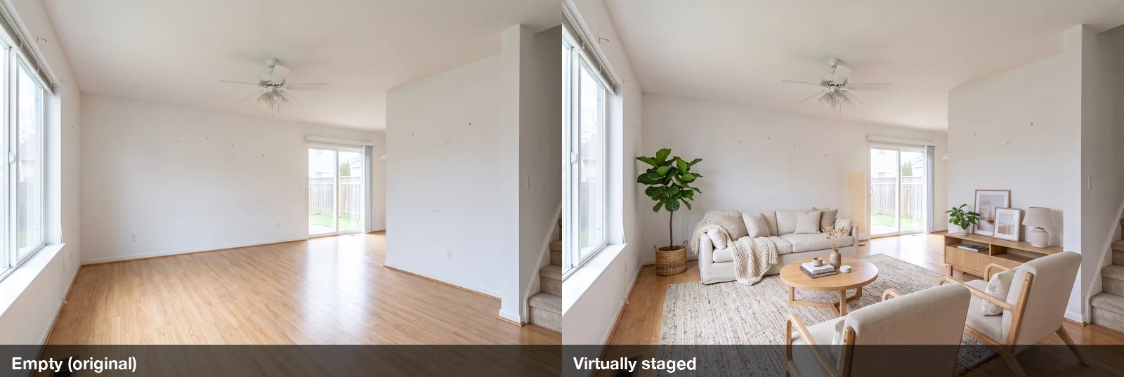The same empty living room before and after AI virtual staging: bare oak floor and white walls on the left, a cream sofa, oak coffee table, two armchairs and a rug on the right