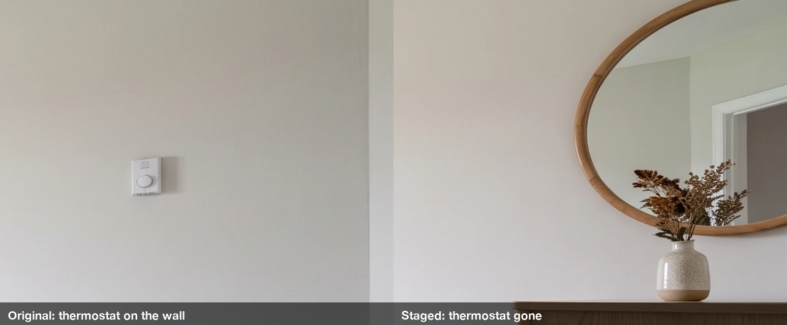Close-up of the same bedroom wall: on the left the original photo with a white thermostat on the wall, on the right the staged version where the thermostat is gone and a round mirror hangs nearby