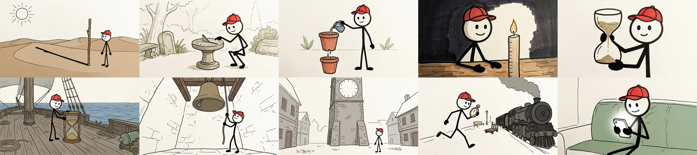 Ten shots of the same stick figure in a red cap, all black marker on off-white paper: beside a stick in the desert, at a sundial, pouring water between two pots, by a candle at night, holding an hourglass, on a ship deck, ringing a bell, in front of a clock tower, running beside a steam train, and on a sofa with a phone