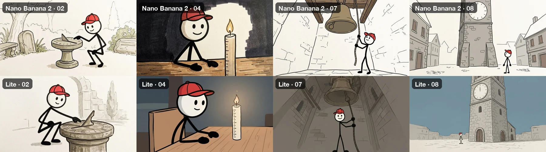 Four shots compared, Nano Banana 2 on top and Nano Banana 2 Lite below: on top all four stay black marker on off-white paper; below, the sundial has Roman numerals, and the candle, bell tower and clock tower scenes are filled with flat blue and grey digital colour