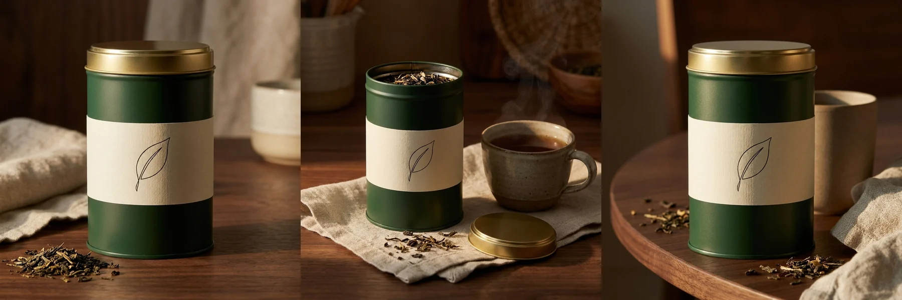 A forest green tea tin in three shots: on a walnut table with loose tea, open beside a cup of steaming tea on linen, and on a round walnut table