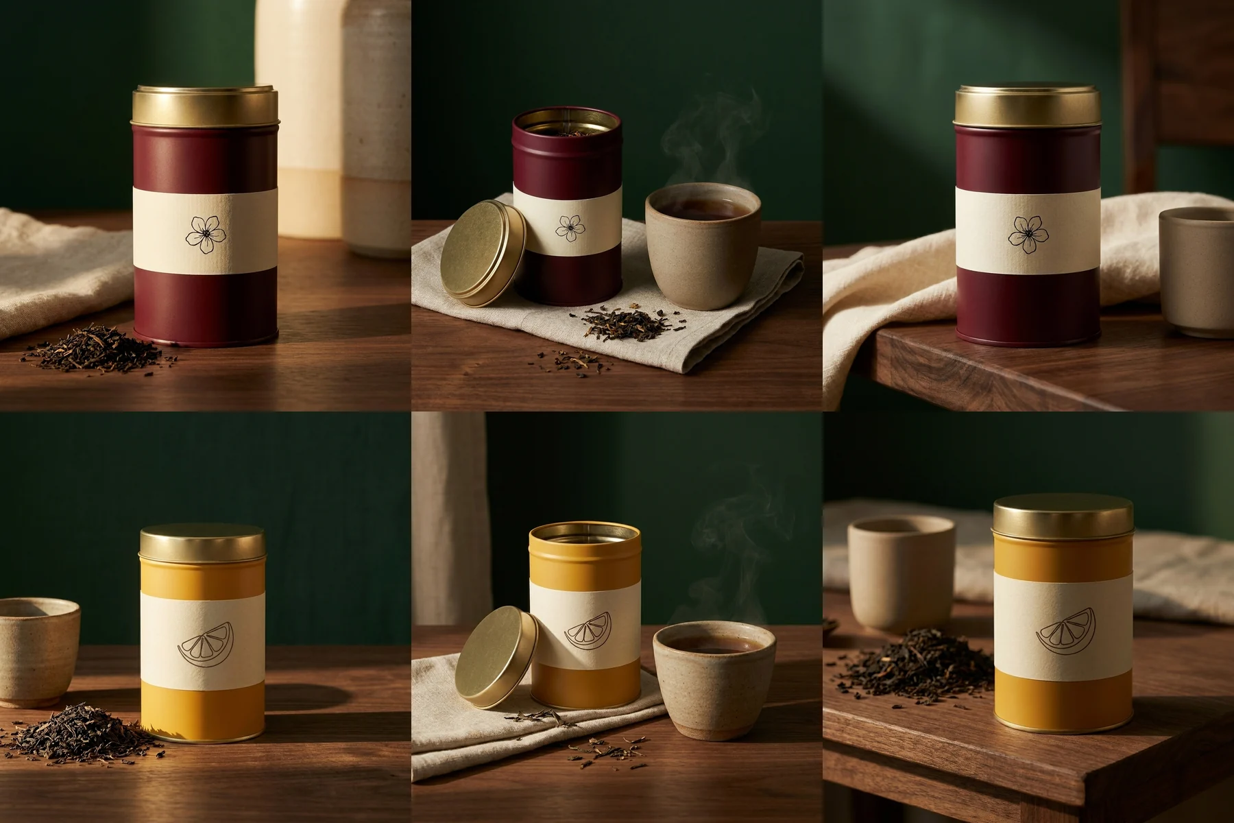 A burgundy tin and an ochre tin, each in the same three brand shots on walnut wood with linen, stoneware and a dark green wall