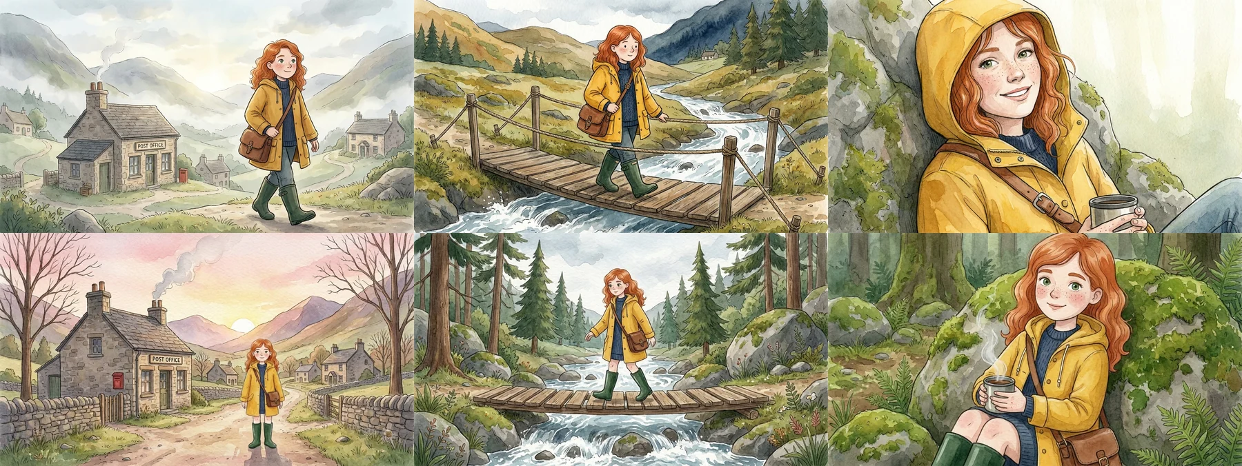 Top row: three scenes from a text description only, where the woman's face, apparent age and drawing style change. Bottom row: the same scenes with a reference image, where she stays the same