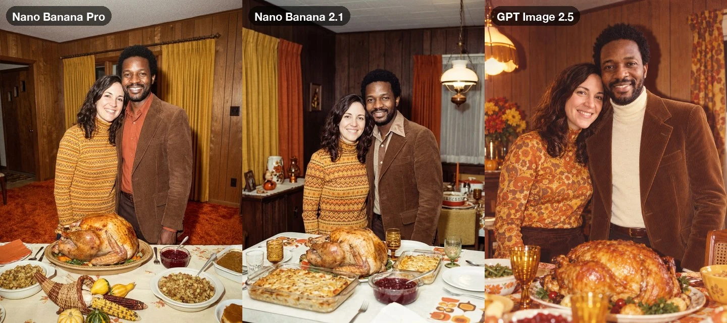 The 1970s snapshot prompt on three models: the couple in a wood-paneled dining room in a patterned turtleneck and a corduroy jacket behind a roast turkey