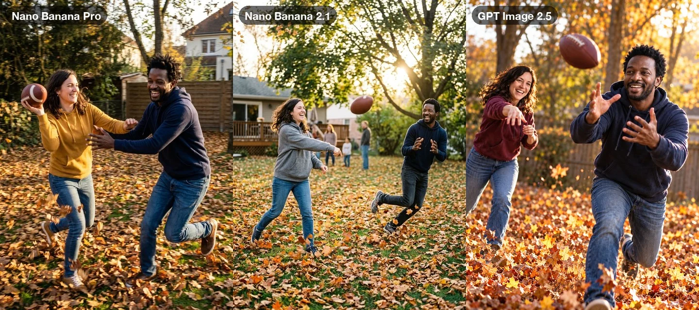 The backyard football prompt on three models: the couple in hoodies playing touch football in a yard full of fallen leaves