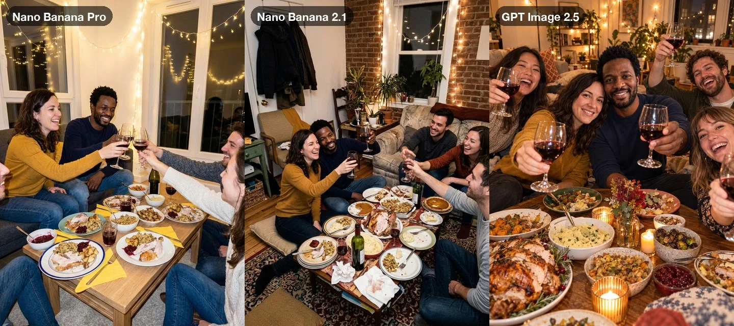The Friendsgiving prompt on three models: the couple toasting with wine among friends around a table of food in an apartment with string lights
