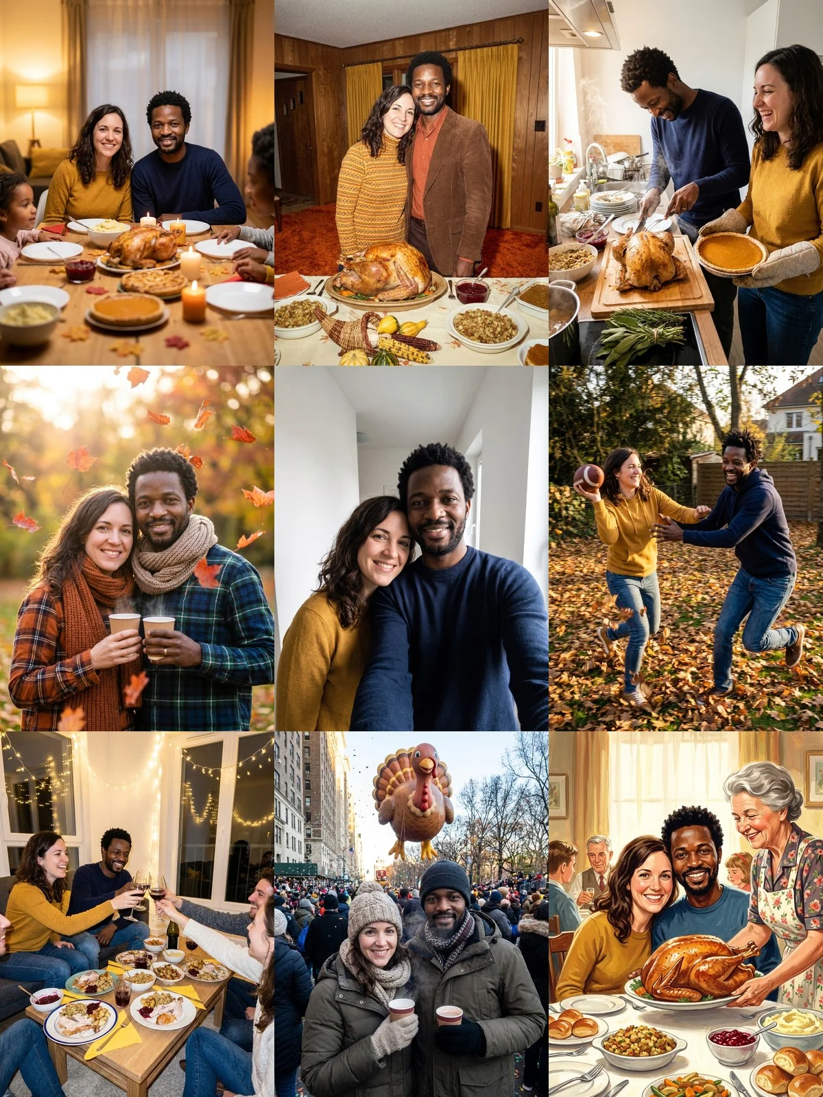 A grid of eight Thanksgiving photos of the same couple around their original selfie: dinner table, 1970s snapshot, carving the turkey, autumn leaves, backyard football, Friendsgiving, parade morning and a vintage painted illustration