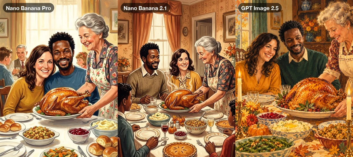 The vintage illustration prompt on three models: a painted 1950s-style scene of the couple at a family table as a grandmother sets down a roast turkey