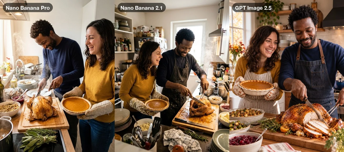 The carving the turkey prompt on three models: the man carving a roast turkey on a board while the woman laughs beside him holding a pumpkin pie