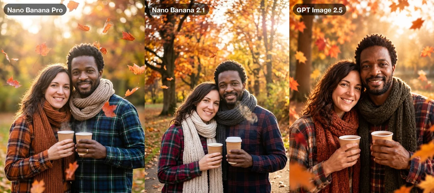 The autumn leaves prompt on three models: the couple in flannel shirts and knit scarves holding cups of cider among falling orange leaves