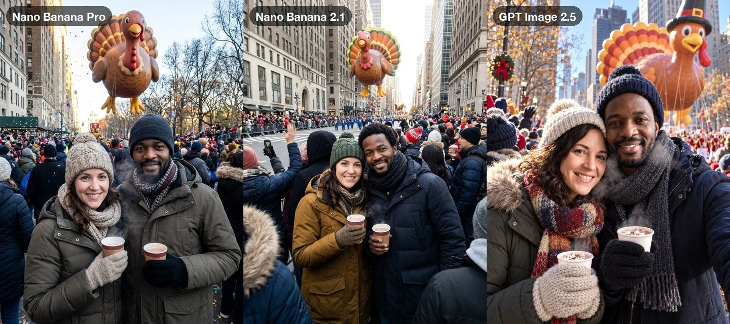 The parade morning prompt on three models: the couple in winter coats and hats holding hot cocoa in a crowd with a giant turkey balloon above the street