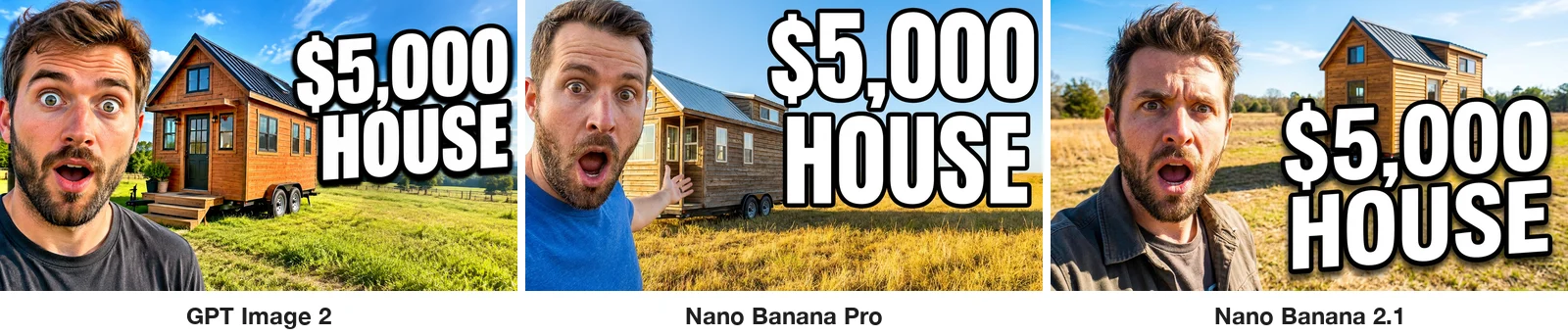 Three AI YouTube thumbnails with the title $5,000 HOUSE in white with a black outline next to a shocked bearded man and a tiny house, from GPT Image 2, Nano Banana Pro and Nano Banana 2.1
