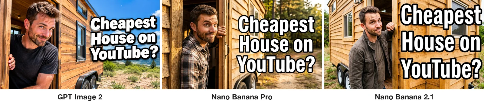Three thumbnails of a smirking man leaning in the door of a tiny house with the title Cheapest House on YouTube? in title case