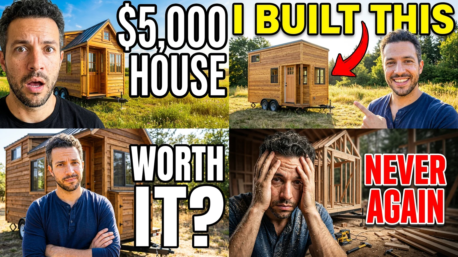 Four YouTube thumbnails of the same bearded man in front of a wooden tiny house, with the titles $5,000 HOUSE, I BUILT THIS, WORTH IT? and NEVER AGAIN