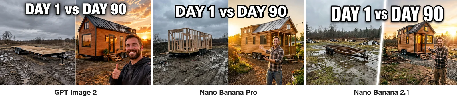 Three split-screen thumbnails labeled DAY 1 vs DAY 90, an empty muddy lot on the left and a finished tiny house at sunset on the right