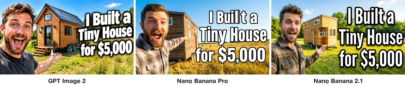 Three thumbnails with the full title I Built a Tiny House for $5,000 in three lines next to an excited bearded man and a tiny house