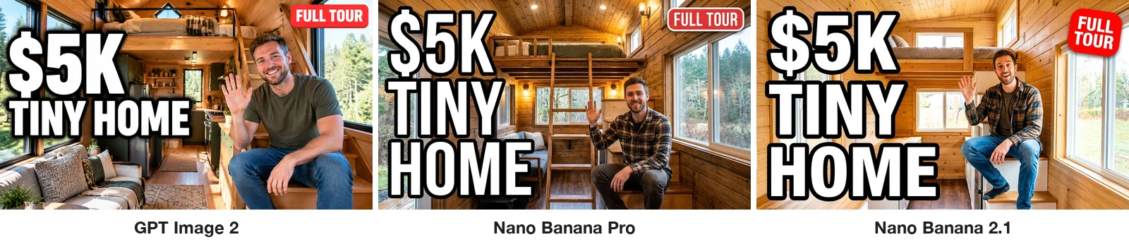 Three tiny house interior thumbnails with the title $5K TINY HOME on the left and a small red FULL TOUR badge in the top right corner