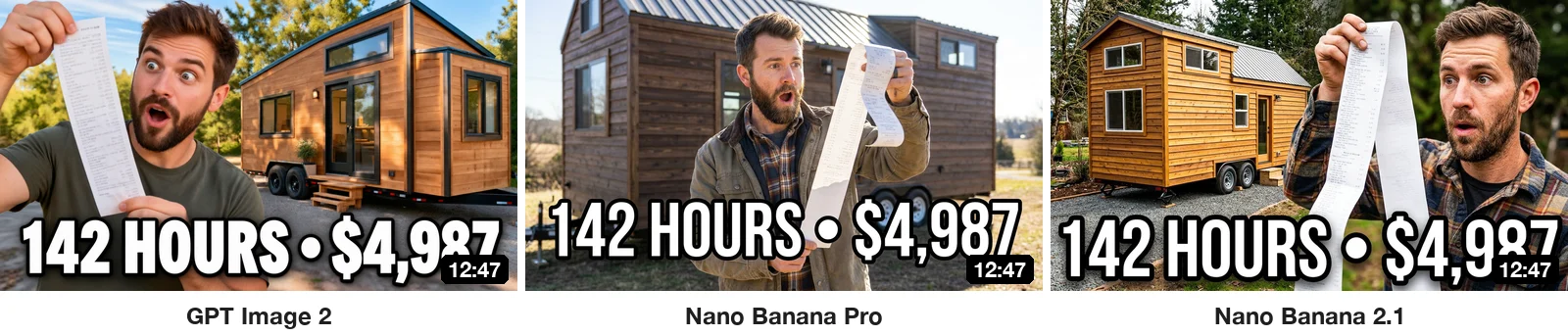 Three thumbnails with the text 142 HOURS • $4,987 along the bottom, each with a mock 12:47 duration badge added in the bottom-right corner that covers the end of the price