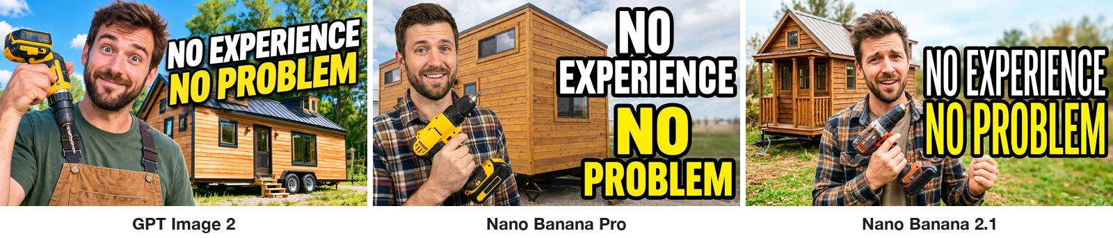 Three thumbnails of a man holding a power drill with the title NO EXPERIENCE NO PROBLEM, where the middle one splits the title into four lines