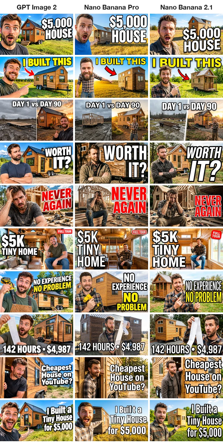 Thirty AI YouTube thumbnails in a grid, ten rows of title variants for a tiny house video and one column each for GPT Image 2, Nano Banana Pro and Nano Banana 2.1, shown at roughly the size YouTube displays them